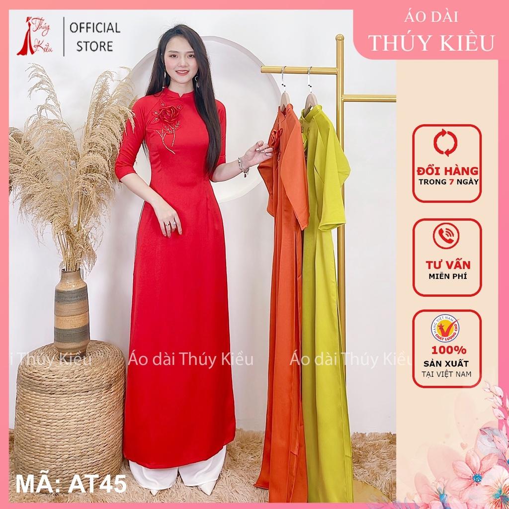 Áo dài lụa Tây Thy nền đỏ đính nhành hoa AT45 mềm mại, co giãn, áo dài giá rẻ