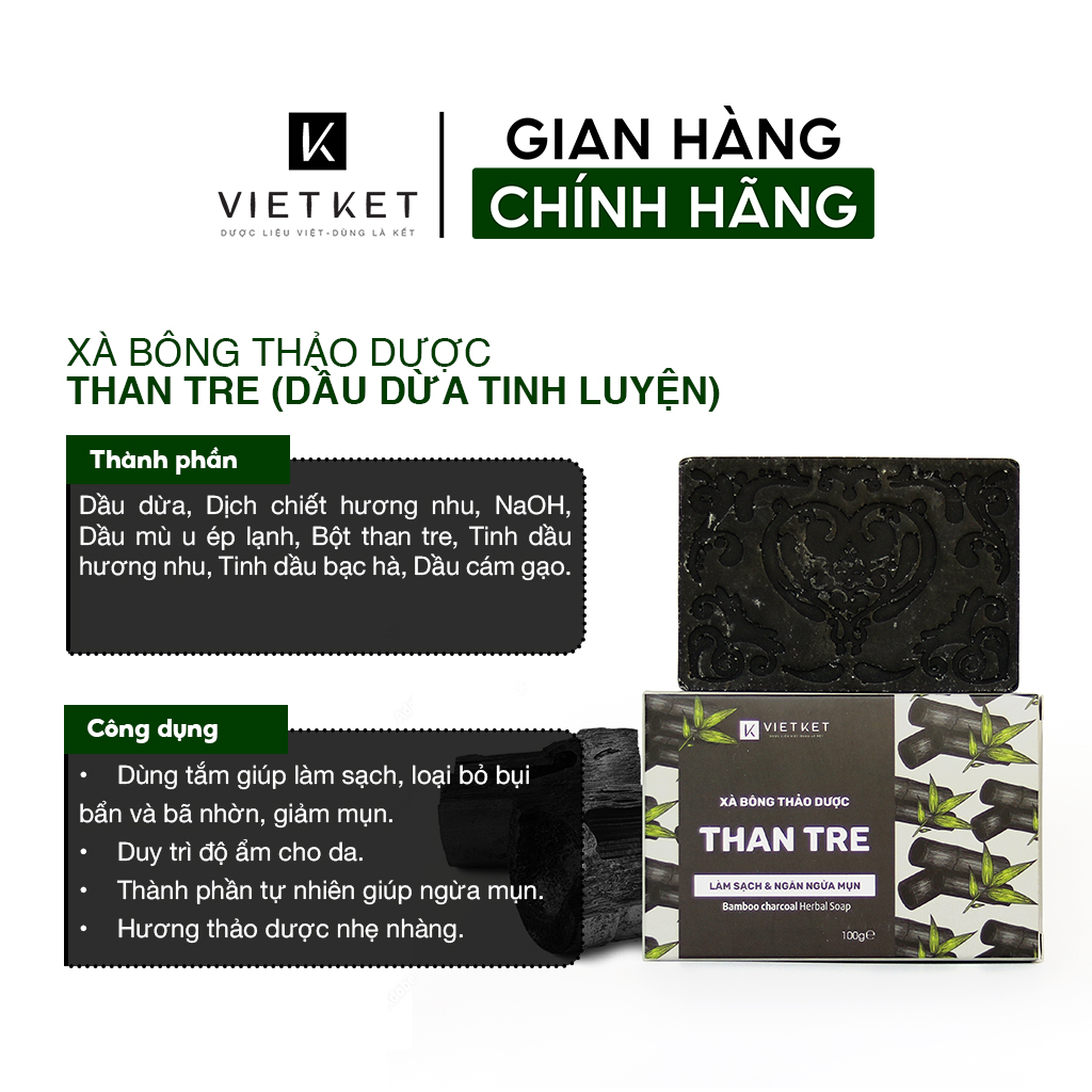 Cục Xà Bông Thảo Dược Than Tre VIETKET 100g - Làm Sạch, Giảm Mụn Lưng, Sáng Da, Duy Trì Độ Ẩm, Hương Thơm Thảo Dược