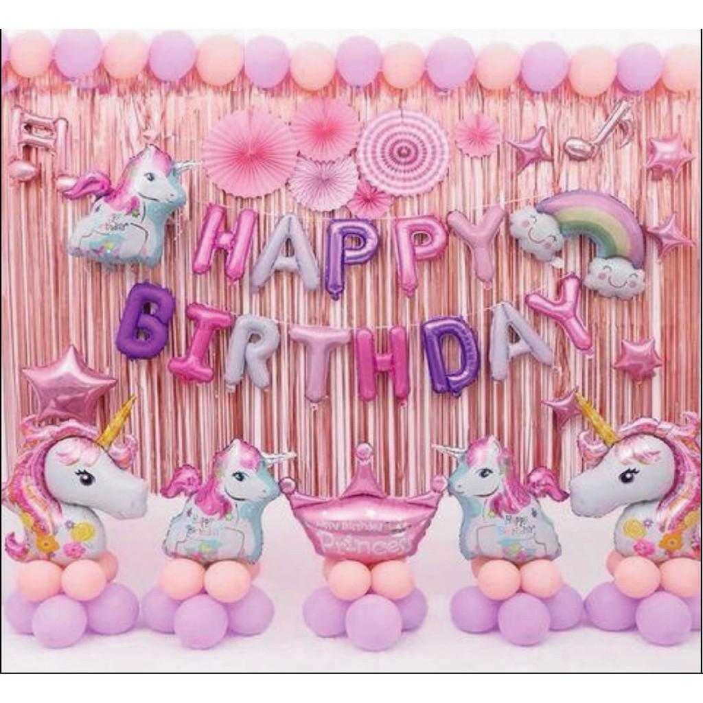 UNICORN, KÌ LÂN HỒNG - Combo bong bóng trang trí sinh nhật Happy Birthday tông hồng nhạt cho bé gái (Có đầy đủ phụ kiện)