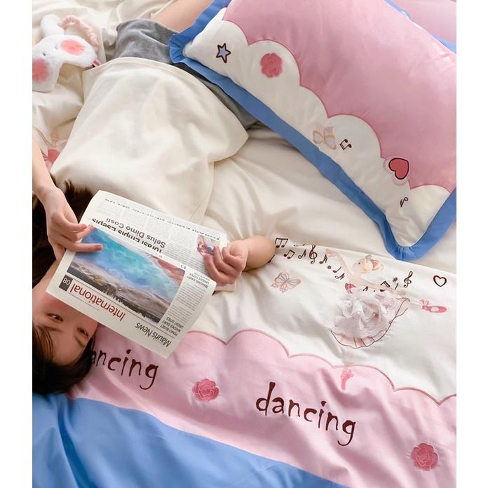 Bộ 4 món ga gối Lụa Satin cao cấp Hồng phối xanh