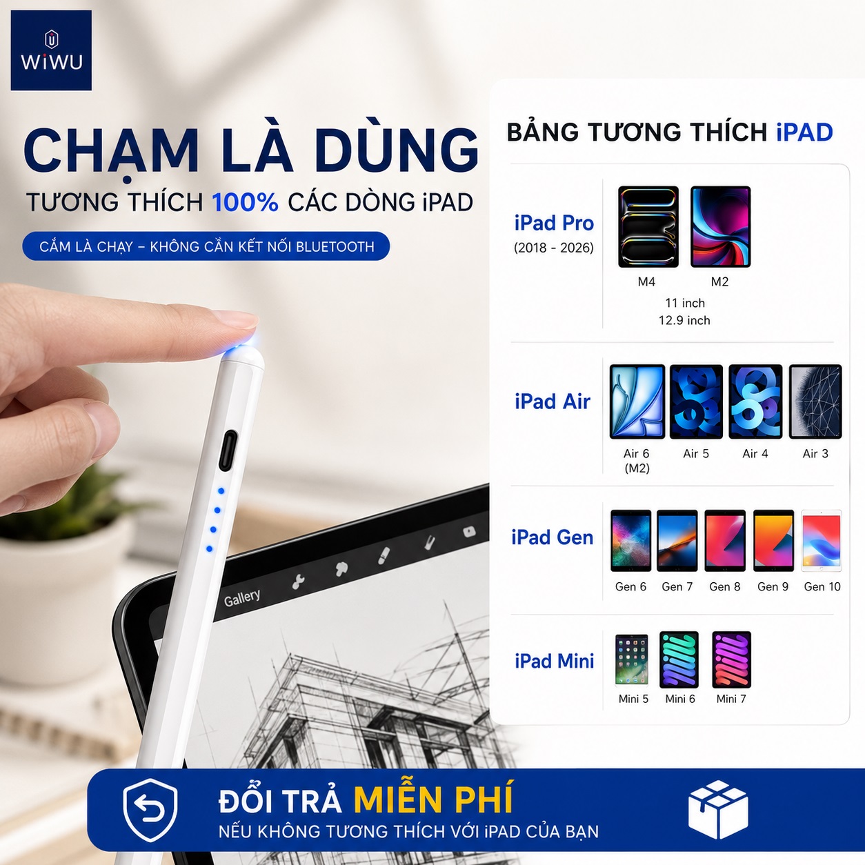 Bút cảm ứng styplus thông minh cho iPad không độ trễ hỗ trợ tì tay nét nghiêng cho iPad WIWU Pencil E - Hỗ trợ iPad Pro Air Mini đời 2018 trở lên - Palm Rejection | Magnetic | Sạc Type-C | Viết Không Độ Trễ | Tặng Ngòi Thay Thế - Hàng nhập khẩu