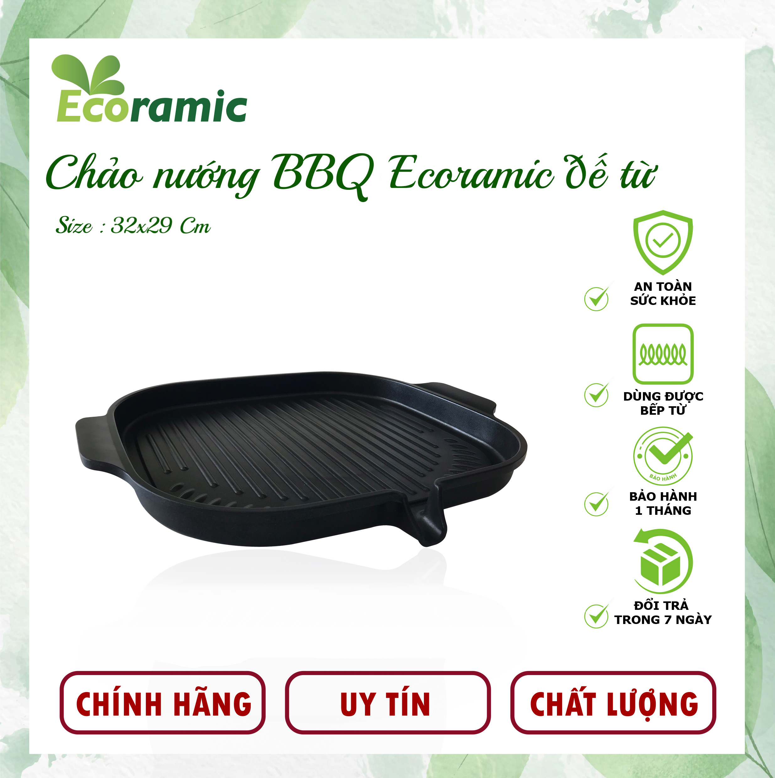 Chảo Nướng BBQ Ecoramic Đáy Từ Chống Dính, Siêu Bền, Dùng được cho tất cả các loại bếp, Bảo hành chính hãng 2 tháng