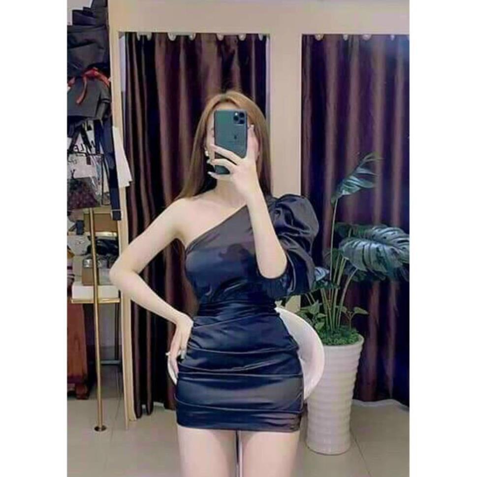 TSL-Đầm Ôm body nhún 1 Vai Tay Phồng Có Mút, váy ôm tôn dán lệch vay trắng đen hồng nude