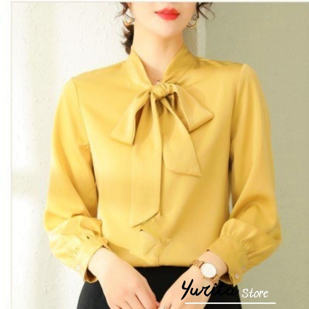 Áo Sơ Mi Kiểu Công Sở Đẹp YURITA Tay Dài Cổ Thắt Nơ Vàng Chất Lụa Cao Cấp From Rộng Hàn Quốc Ulzzang Vintage A1V
