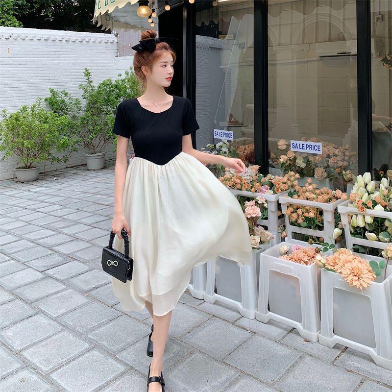 SHUANGYAN 2023 mùa hè nhỏ Pháp thiết kế váy màu sắc tinh khiết ghép lại nhận được eo hiển thị gầy khí chất giả hai bộ váy