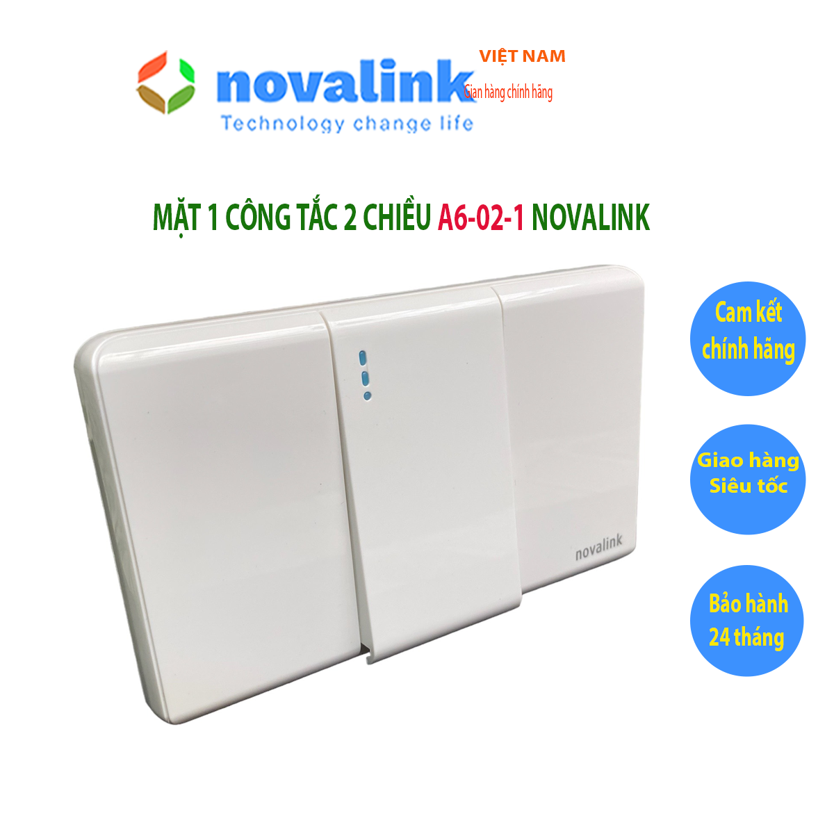 Mặt 1 công tắc đảo chiều A6-02-1 Novalink chính hãng. Mặt nhựa chống cháy, bảo hành 24 tháng đổi 1