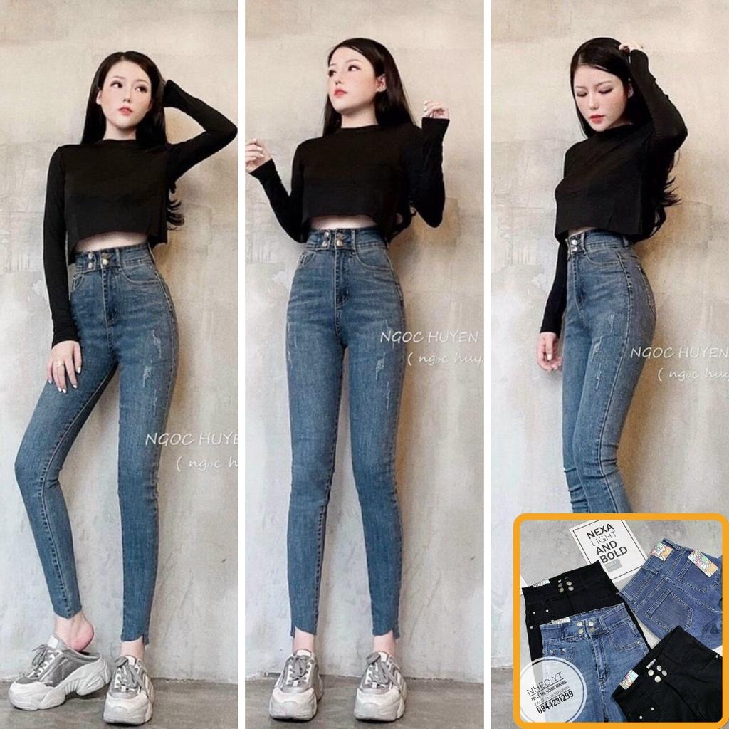 Quần bò cạp cao 4 khuy jean cạp khóa vải bò co giãn tôn dáng thời trang Banamo Fashion 762