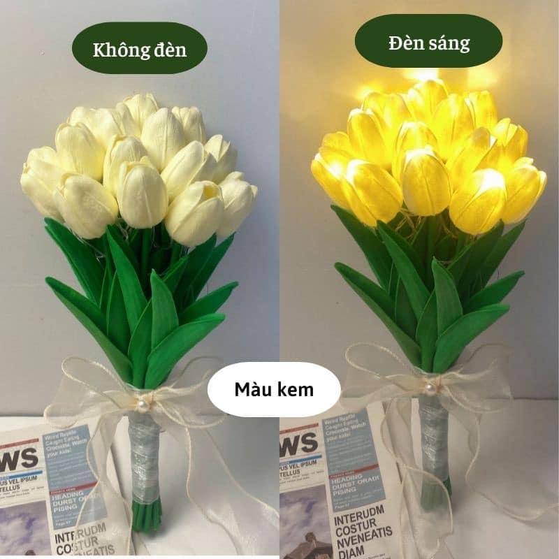 Bó 10 Cành Hoa Tulip Kèm Đèn Led Phát Sáng Hoa Cưới Hoa Lụa Giả Kèm Nơ Xinh Decor Trang Trí Nhà Cửa