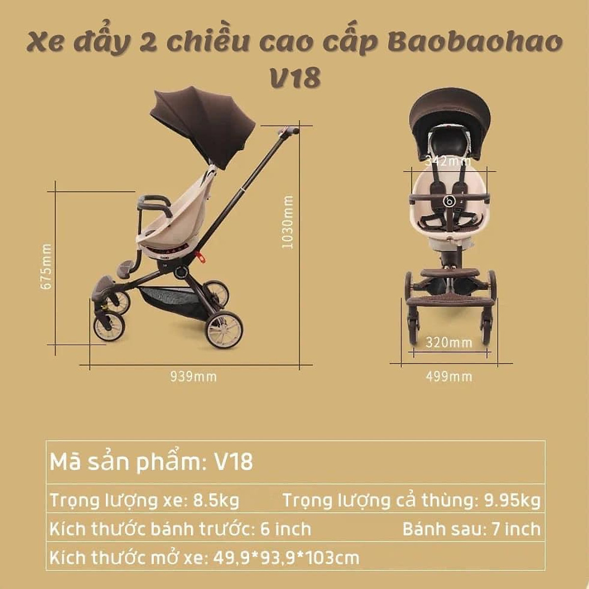 Xe Đẩy 2 Chiều 5 Chế Độ Gấp Gọn Baobaohao V18 - TẶNG KÈM ĐÀN XYLOPHONE 8 THANH CHO BÉ