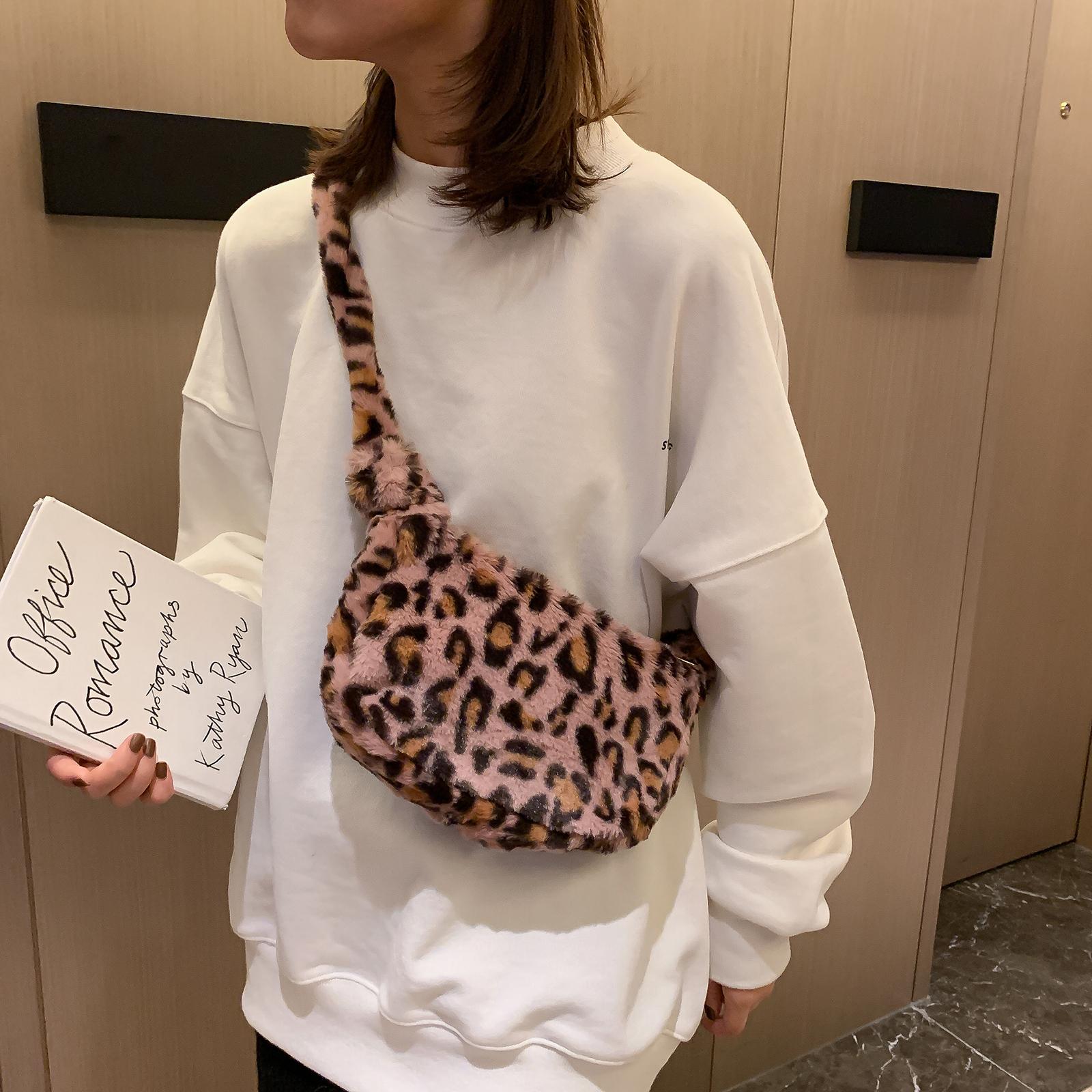 Women Faux Fur Tote Shoulder Bag Handbag Furry Leopard Print Top Handle Crossbody Shoulder Bag