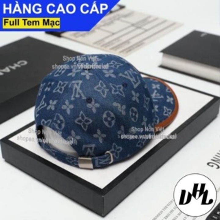 Mũ Lưỡi Trai Nón Kết LV Logo Thêu Nổi Vải Hoạ Tiết Kaki Cotton Jeans Màu Xanh Kết Viền Da Nâu Form Đứng