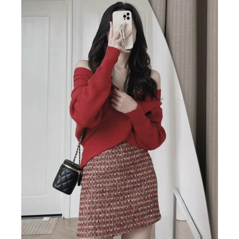 Set 2 món đỏ chân váy dạ ngắn phối áo dắp chéo tay dài phong cách
