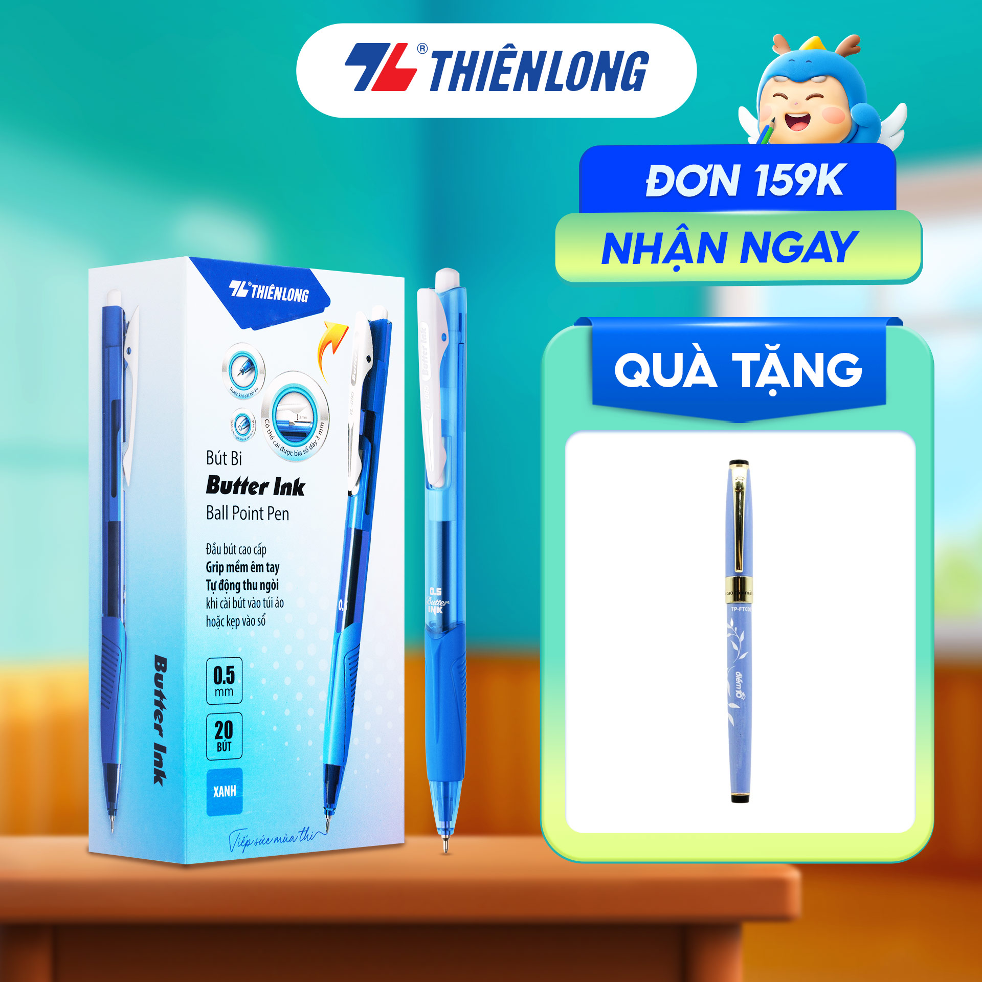 Combo 5-10-20 Bút Bi Thiên Long TL-095 – Tự động thu ngòi khi cài vào túi áo – Mực xanh – Combo 20