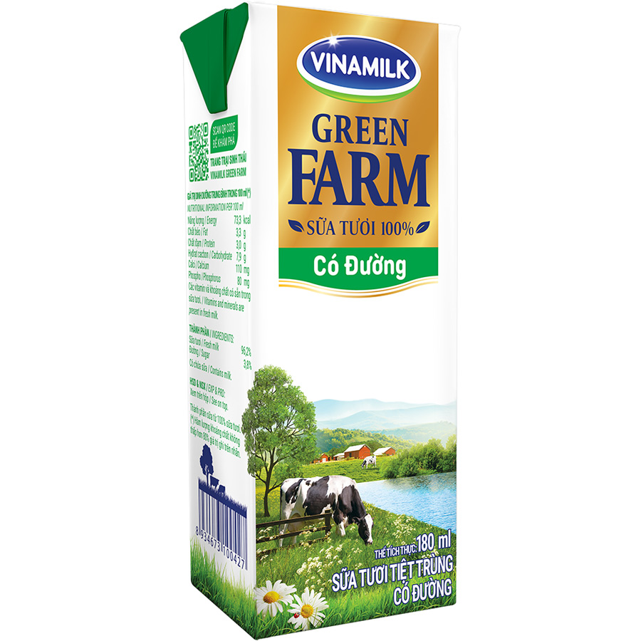 Thùng 48 Sữa Tươi Tiệt Trùng Vinamilk Green Farm - Sữa Tươi 100% Có Đường 180ml