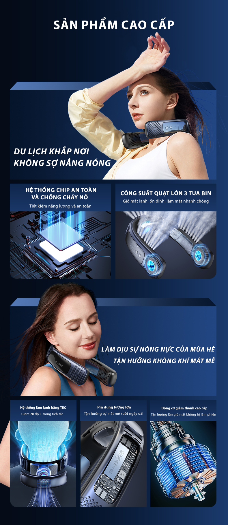 Quạt Làm Mát Cổ BUMAS B103 - Mẫu mới 2023 - Dung lượng Pin 3000mAh - Chip AI an toàn - Làm lạnh cực nhanh - Gió đều 360°- Hàng Chính Hãng