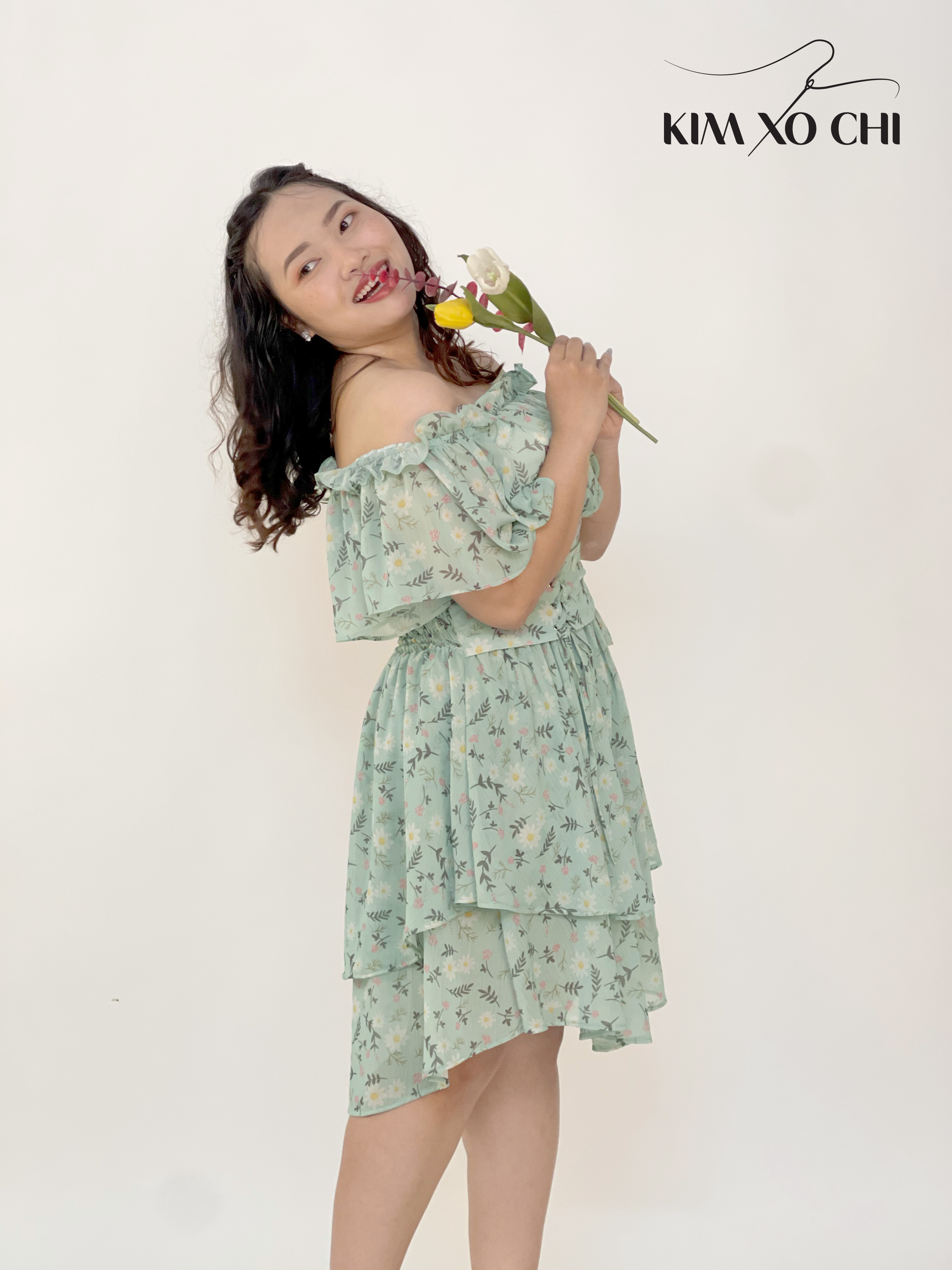 Đầm bigsize trễ vai xanh hoa