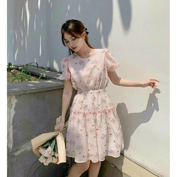 Đầm Hoa Dáng Xoè Cổ Tròn Váy Vintage Bó Eo Siêu Xinh