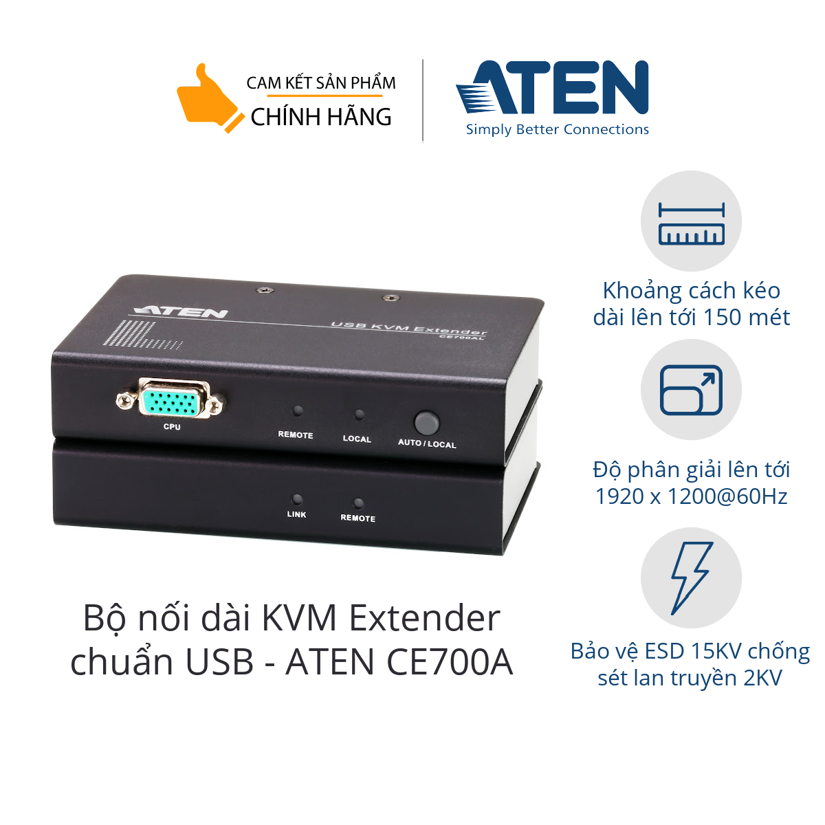 Bộ kéo dài KVM Aten CE700A KVM Extender 150 mét qua cáp mạng cat5e/cat6, chuẩn USB, độ phân giải 1920 x 1200@60Hz cho phép truy cập vào hệ thống máy tính ở cách xa tới 150 mét  - Hàng chính hãng