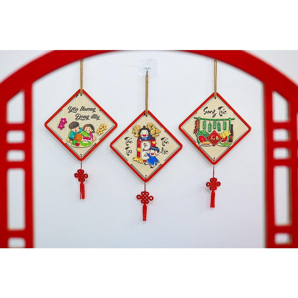 Tranh gỗ bảng gỗ treo trang trí tết chữ Về nhà ăn tết sắc đỏ rực rỡ tặng kèm móc dán