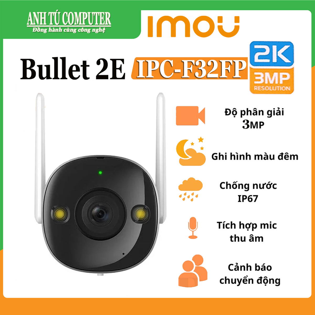 Camera IP Wifi 3MP 2K ngoài trời IMOU BULLET 2E F32FP hàng chính hãng