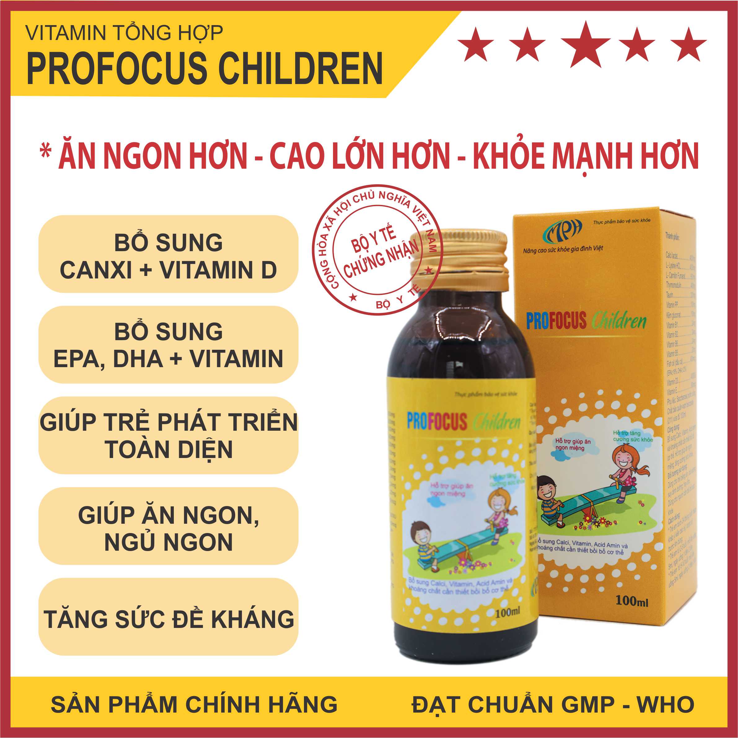 Vitamin tổng hợp cho bé ProFocus Children - Bổ sung đầy đủ các dưỡng chất cho bé phát triển toàn diện về thể chất và trí tuệ. Sử dụng cho trẻ biếng ăn, còi xương, suy dinh dưỡng hay ốm