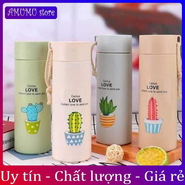 Bình nước in hình xương rồng 450ml lõi thủy tinh bọc vỏ nhựa lúa mạch có dây sách