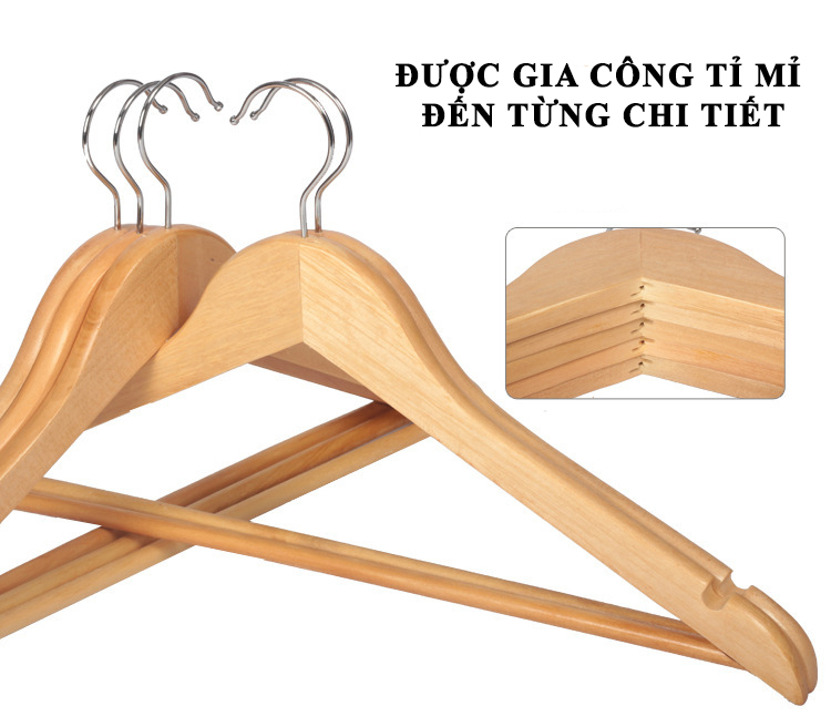 Bộ 10 móc treo quần áo bằng gỗ tự nhiên, với móc treo inox chắc chắn, bền vững - Thiết kế sang trọng, hiện đại.