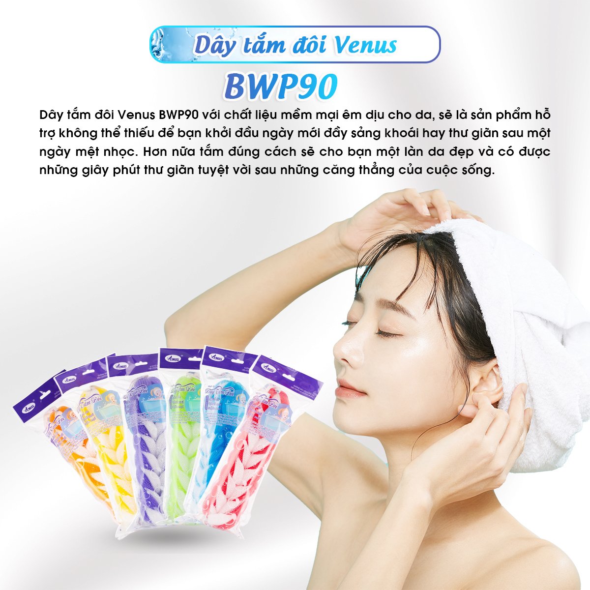 Dây tắm dài đôi Venus BWP-90-Tạo bọt nhiều, tấy da chết, thẩm thấu sữa tắm nhiều,massge thư giãn