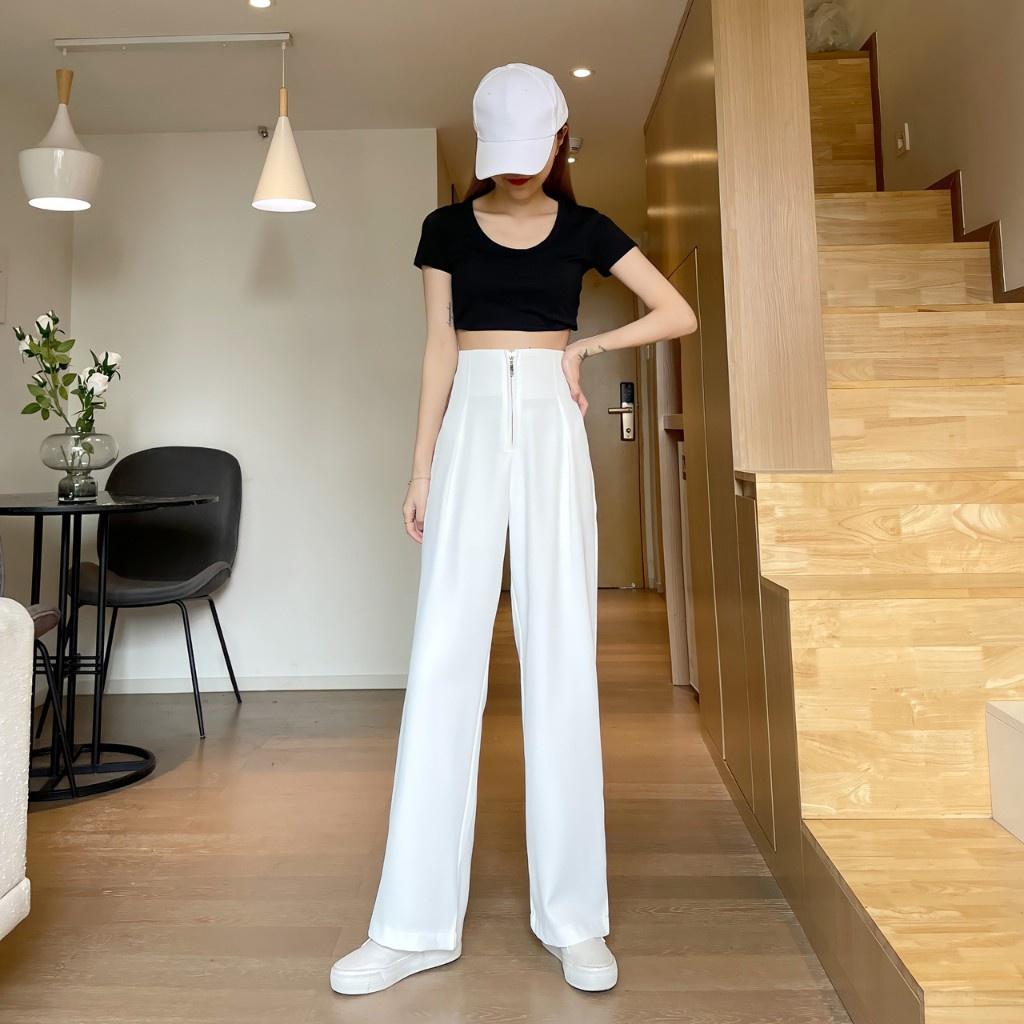 Quần Ống Rộng Lưng Cao Khóa Trước Cạp Liền, Quần Ống Suông Khóa Giữa Phong Cách Trẻ Trung