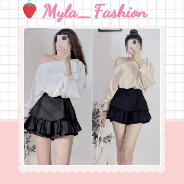 Áo sơ mi lụa lệch vai tay viền cánh rơi
