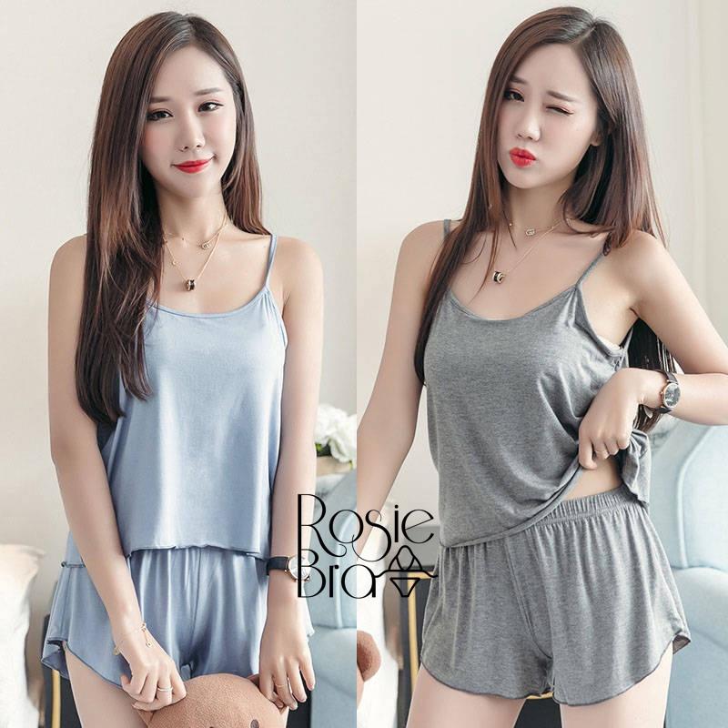 Bộ Đồ Ngủ Quần Đùi Áo Hai Dây Cotton Có Đệm Ngực Liền CT142