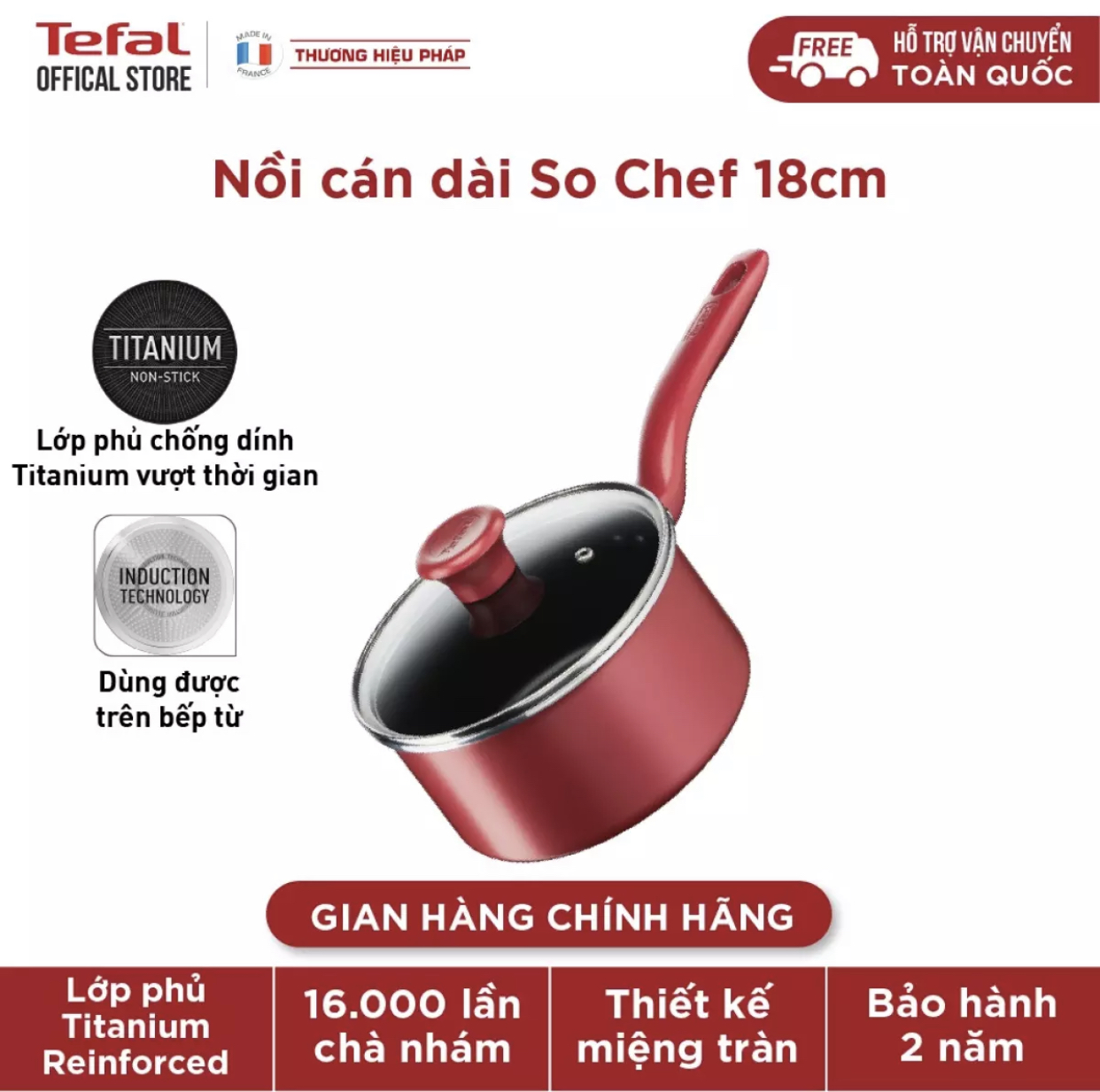 Nồi cán dài chống dính đáy từ Tefal So Chef 18cm, dùng cho mọi loại bếp- Hàng chính hãng