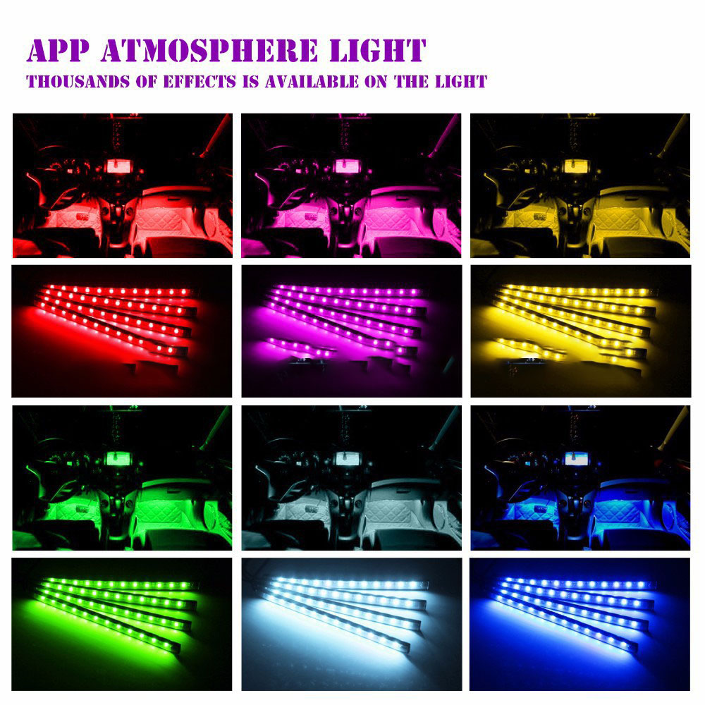 4 Dải Đèn LED Nội Thất Siêu Sáng Cho Ô tô, Đèn 7 Màu, Dài 22cm Chống Thấm Nước