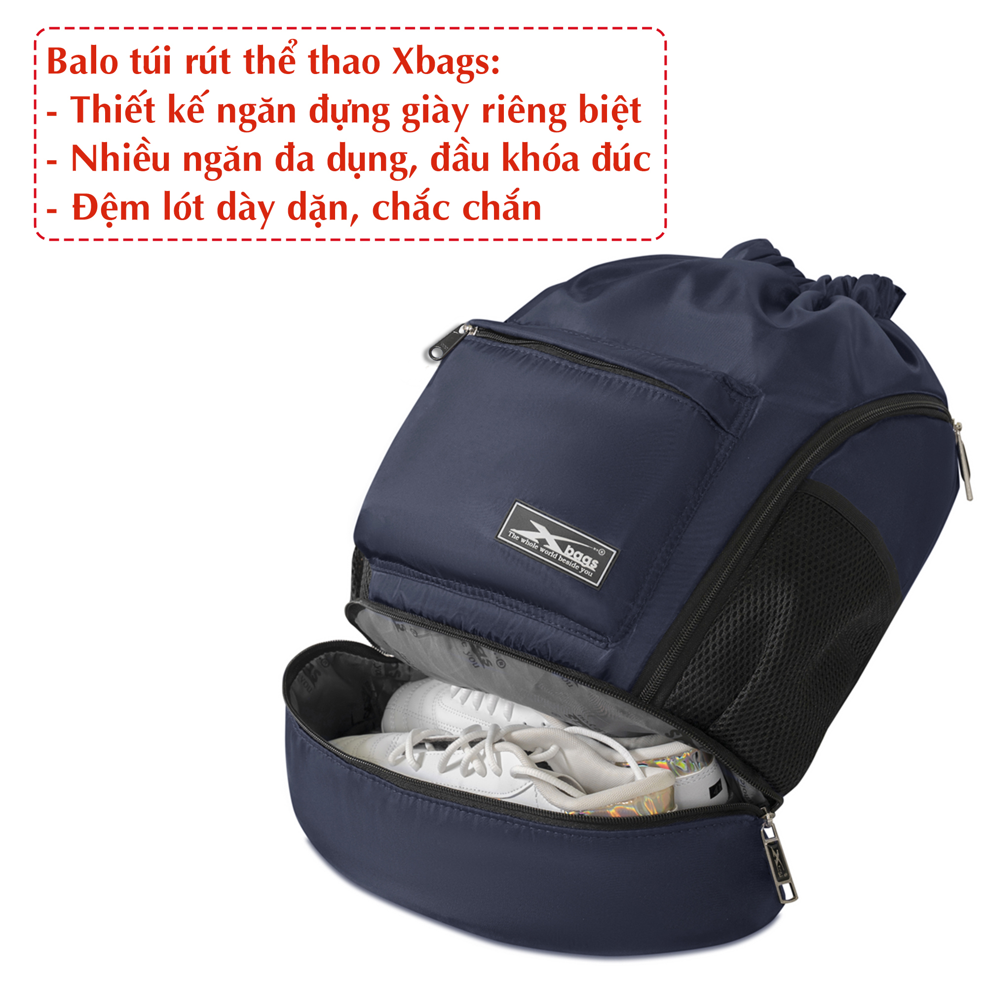 Balo dây rút thể thao xanh đen Xbags Wisdom Xb 6005, Chất liệu chống thấm nước hiệu quả, Chống tia UV