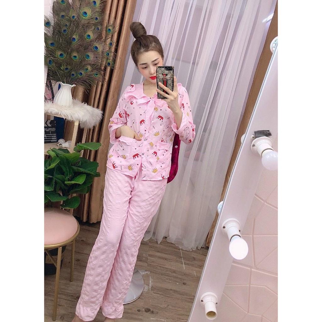 Bộ pijama đũi xốp tiểu thư cổ bèo, quần dài tay dài, 40 đến 59kg