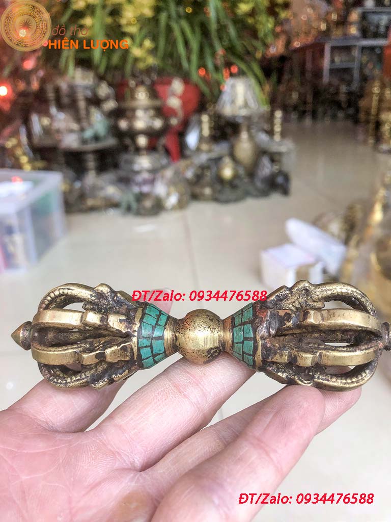 Chày Kim Cang 02 Màu Xanh Đỏ Bằng Đồng Kích Thước 12x3,5cm - Pháp Khí Mật Tông