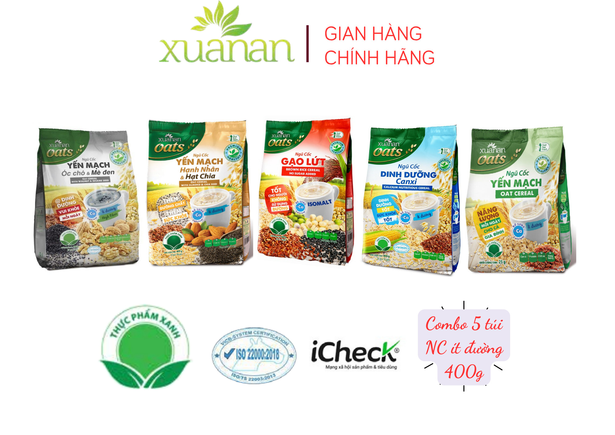 Combo NC Óc Chó Mè Đen+YM Hạnh Nhân+Gạo Lức No Sugar+Dinh Dưỡng Canxi+NC Yến Mạch[ít đường 400gr](Tặng Kèm 2 Túi Yến Mạch 150G)