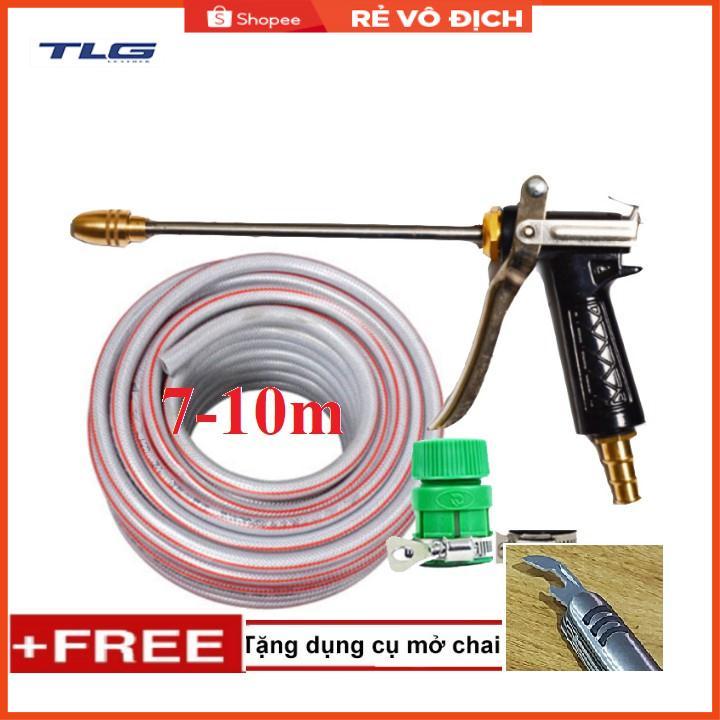 Bộ dây vòi xịt nước rửa xe, tưới cây . tăng áp 3 lần, loại 7m, 10m 206318 đầu đồng, đai, + tặng mở chai