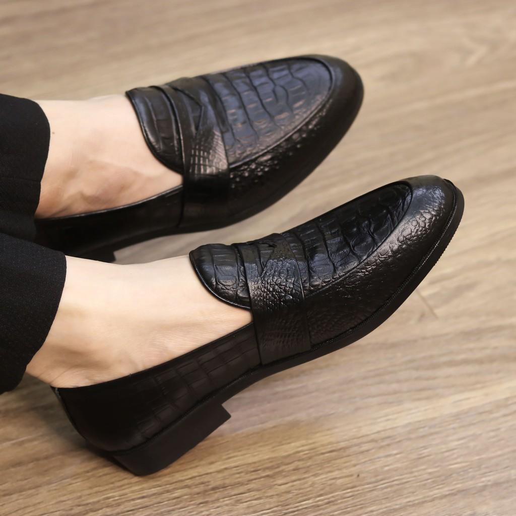 Giày lười da nam - Giày da nam công sở dập vân cá sấu - Đế cao su non cao 3cm, Mã x091, Hàng Việt