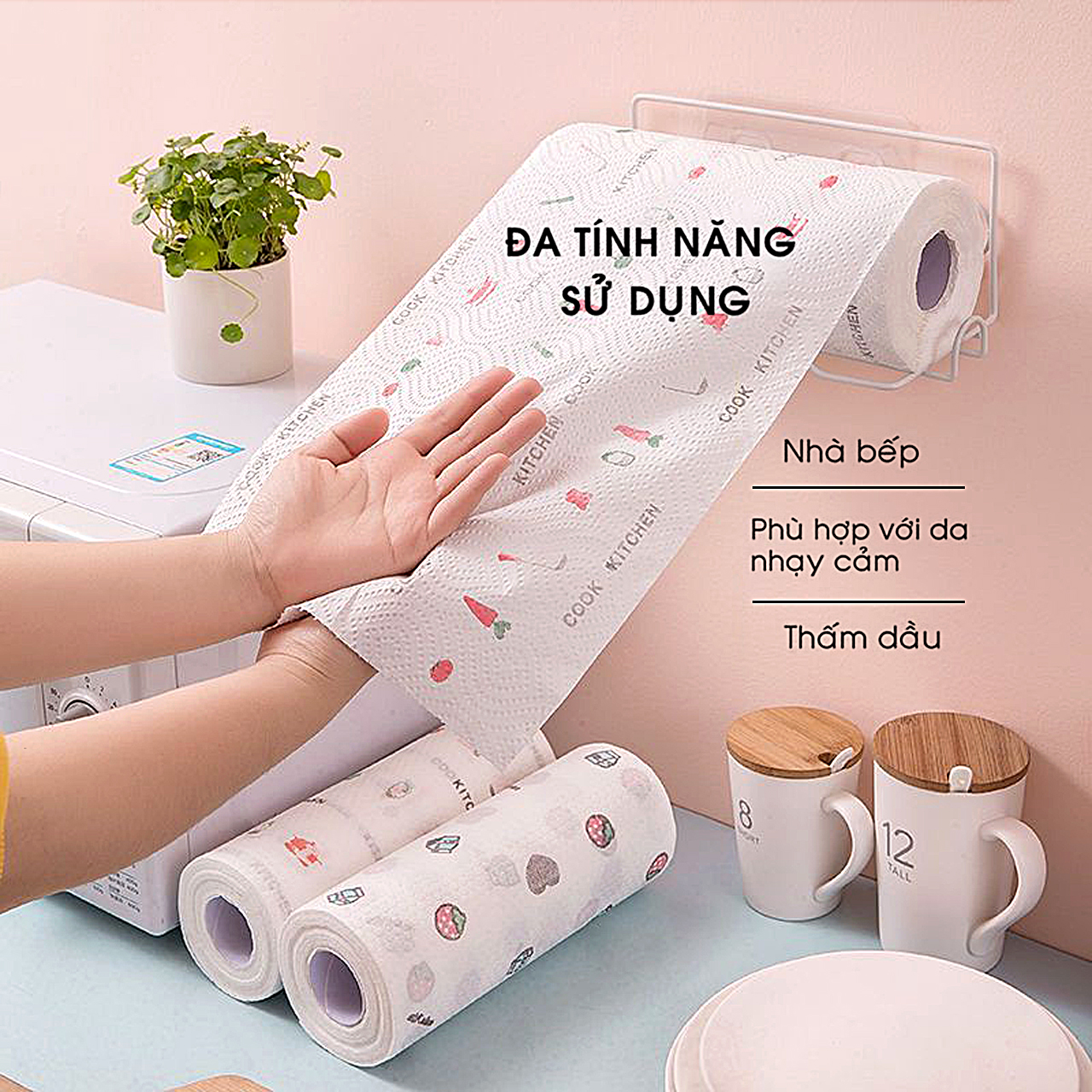 Khăn giấy lau đa năng lau bếp, lau tay cuộn trắng có thể giặt được và tái sử dụng cỡ 20cm