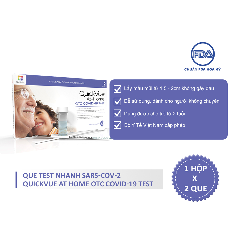 QuickVue Covid-19 Test nhanh tại nhà - Hộp 2 kit (lấy mẫu mũi chỉ 1.5 - 2cm không gây đau) - Hàng Mỹ chính hãng