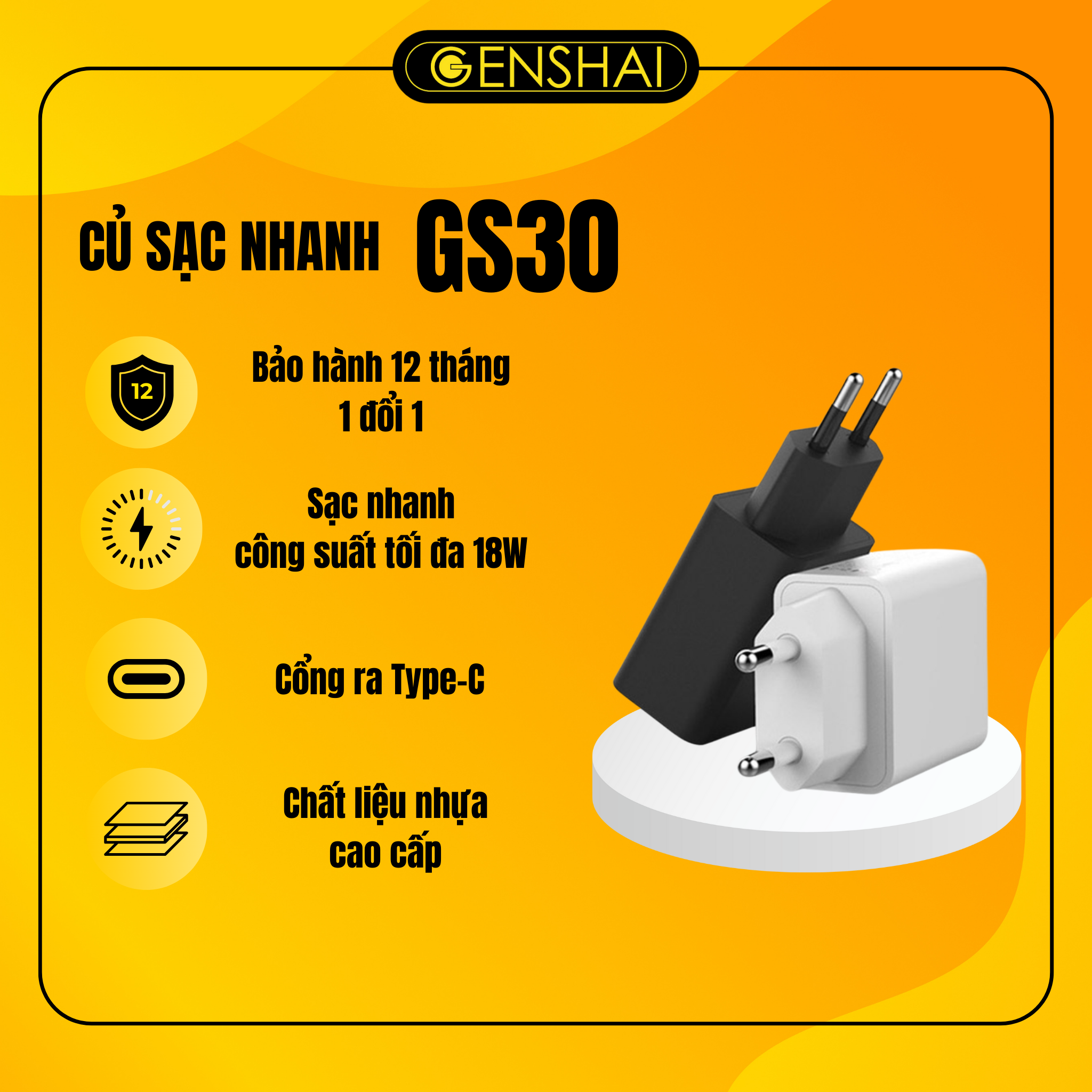 Củ sạc nhanh 18W hàng chính hãng GENSHAI GS30 IBảo hành 12 tháng 1 đổi 1I Made in Việt Nam