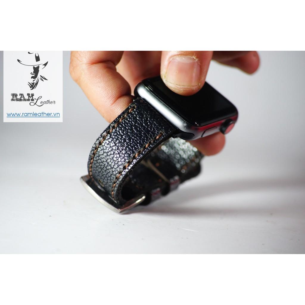 DÂY ĐỒNG HỒ APPLE WATCH HANDMADE CAO CẤP - DA BÒ THẬT - RAM CLASSIC 1956 ĐEN ĐỦ SIZZE APPLE WATCH