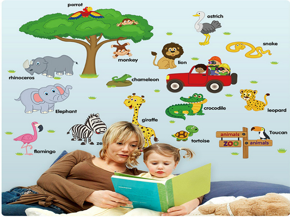 Decal dán tường cho bé thú tiếng anh sk9084