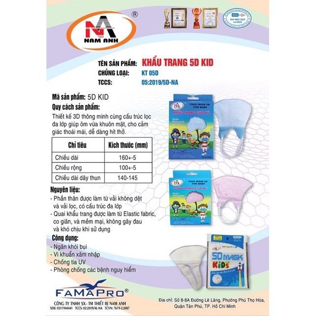 Khẩu Trang 5D Trẻ Em Famapro 5D 3 lớp kháng khuẩn cho bé -VT0630