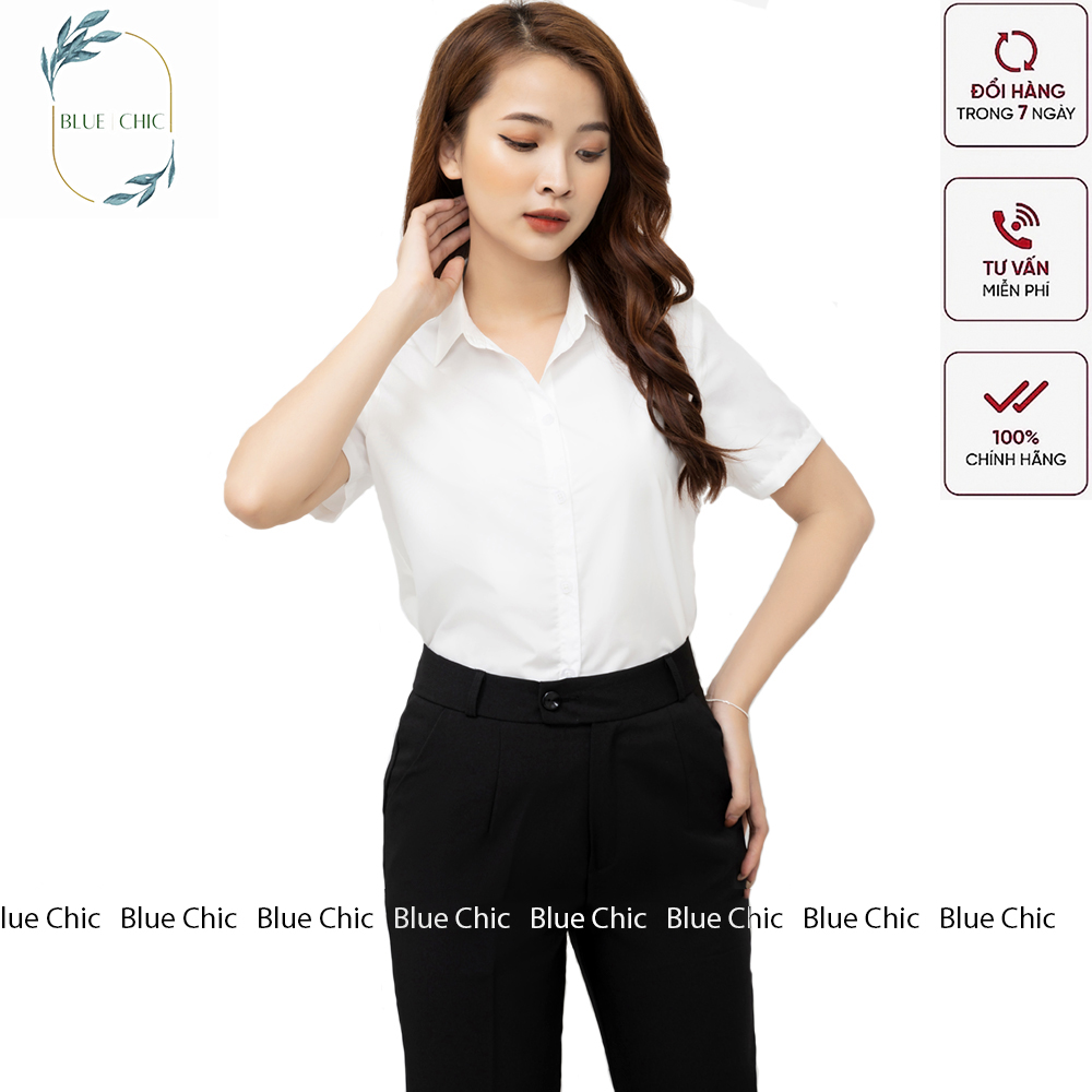 Áo sơ mi nữ Blue Chic tay ngắn form suông màu trắng xanh sơmi cộc thời trang công sở