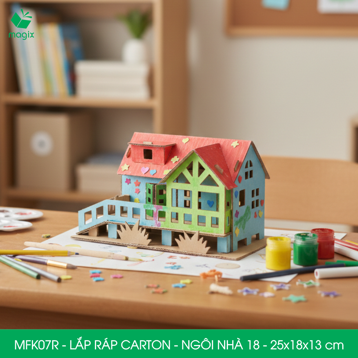 MFK07R - 25x18x13 cm - Mô hình ngôi nhà lắp ráp từ bìa carton cao cấp, nhà giấy carton mini sáng tạo