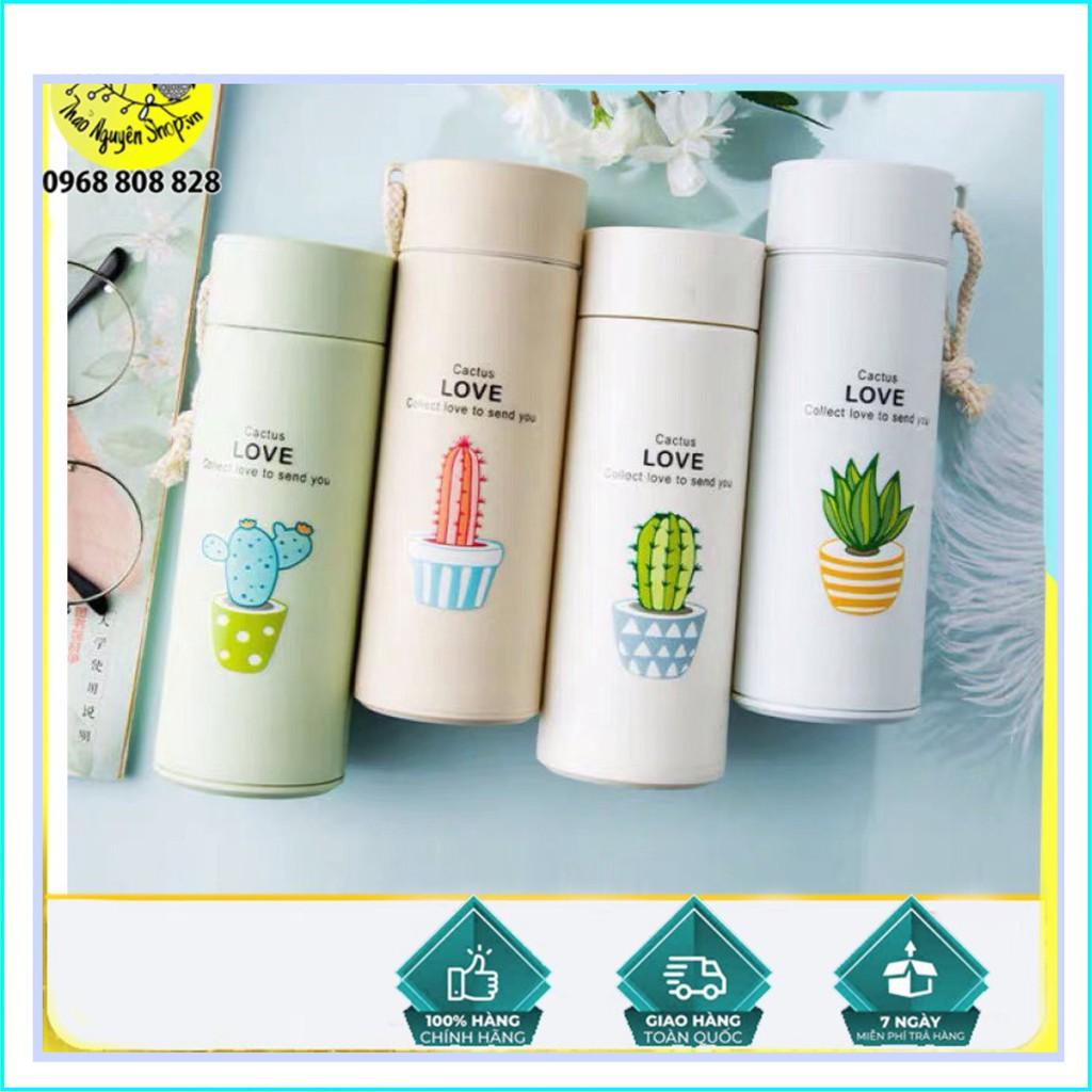 Bình nước in hình xương rồng 450ml lõi thủy tinh bọc vỏ nhựa lúa mạch có dây sách (GIAO MẪU NGẪU NHIÊN