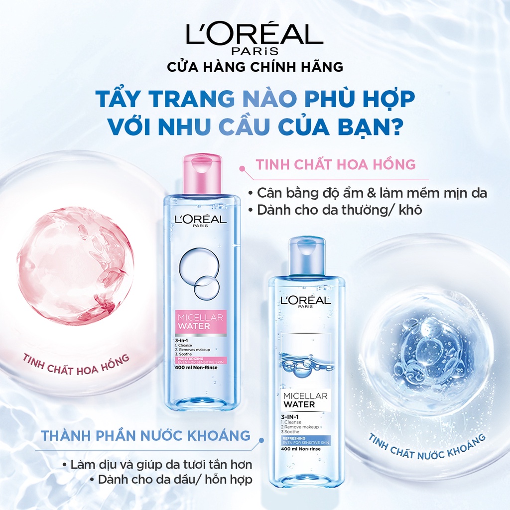 Nước tẩy trang làm sạch, dưỡng ẩm cho mọi loại da L'Oreal 3-in-1 Micellar Water 400ml