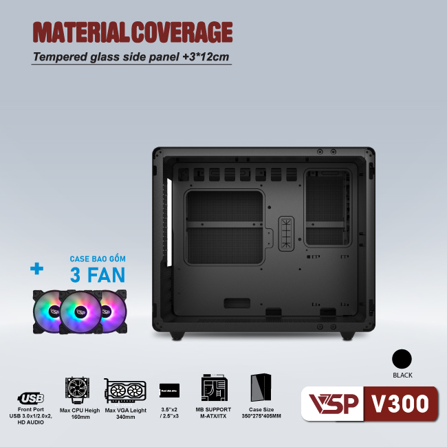 Vỏ máy tính Case VSP V300 [ĐEN] sẵn 3 Fan LED ARGB Gaming Kính cường lực (M-ATX/ ITX) - Hàng chính hãng VSP phân phối